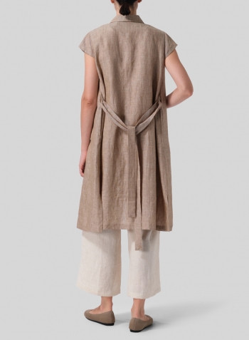 Light Brown Linen Coat Dress with Tie Set