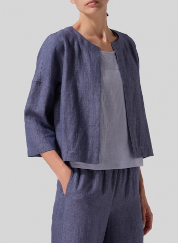 Blue Violet Linen Open Front 3/4-Sleeve Cropped Jacket