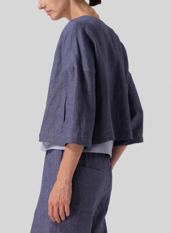 Blue Violet Linen Open Front 3/4-Sleeve Cropped Jacket