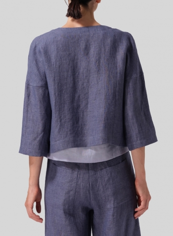 Blue Violet Linen Open Front 3/4-Sleeve Cropped Jacket