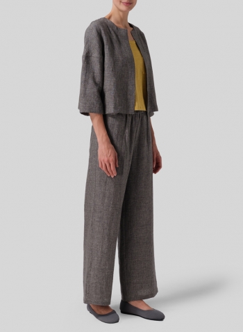 Two Tone Charcoal Heavy Linen Open Front 3/4-Sleeve Cropped Jacket