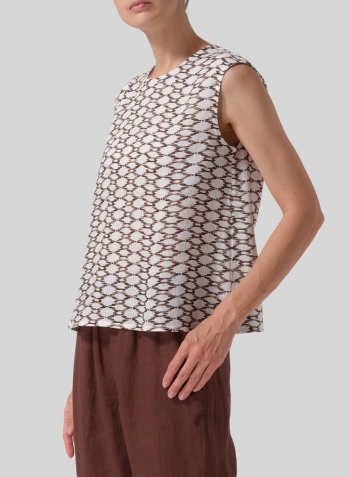 Khaki Beige Net Pattern Linen A-Line French Sleeve Blouse