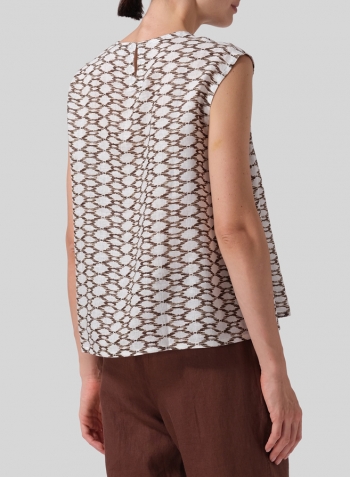 Khaki Beige Net Pattern Linen A-Line French Sleeve Blouse