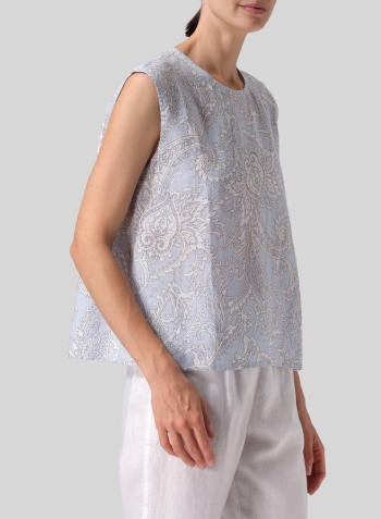 Blue Paisley Waves Linen A-Line French Sleeve Blouse
