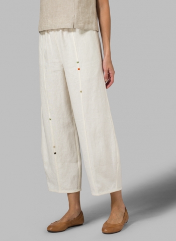 Off White Linen Embroidered Crop Pants