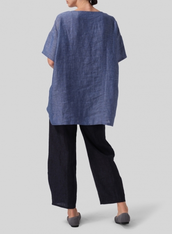 Azure Blue Linen Relaxed Handmade Knot Buttons Top