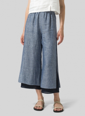 Navy Linen Double Layer Cropped Length Pants