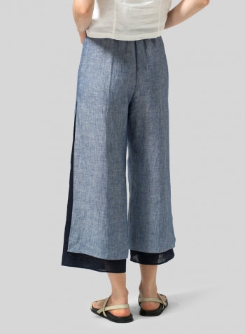 Navy Linen Double Layer Cropped Length Pants