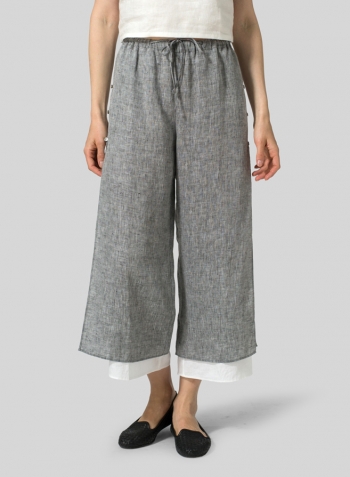 Two Tone Black White Linen Double-Layer Elastic Cropped Pants