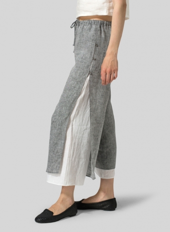 Two Tone Black White Linen Double-Layer Elastic Cropped Pants