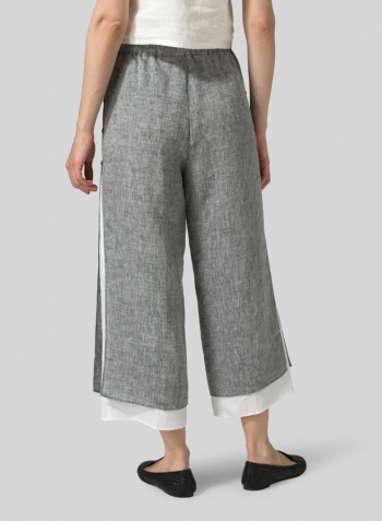 Two Tone Black White Linen Double-Layer Elastic Cropped Pants