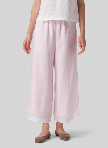 Pink White Linen Double-Layer Elastic Cropped Pants