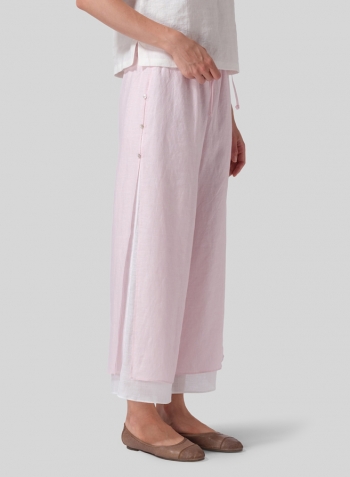 Pink White Linen Double-Layer Elastic Cropped Pants