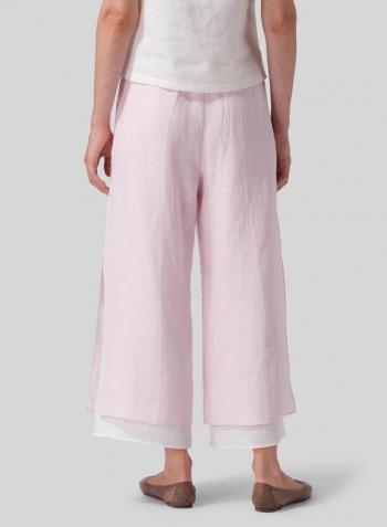 Pink White Linen Double-Layer Elastic Cropped Pants