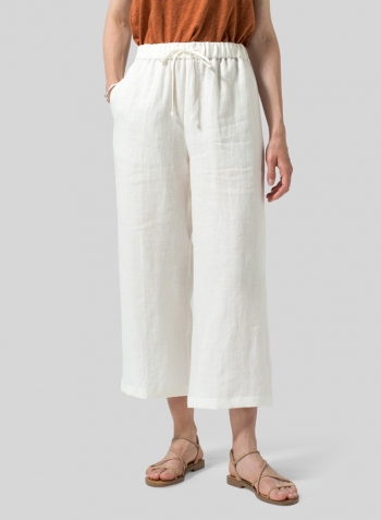 Off White Linen Drawstring Cropped Pants