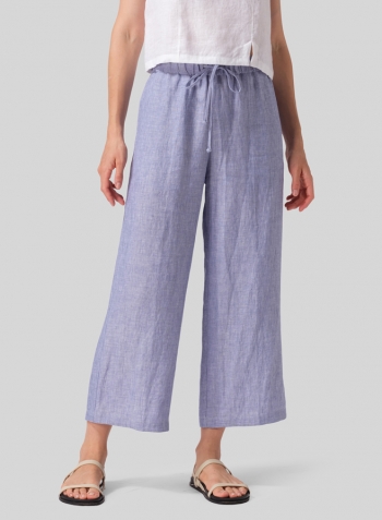 Light Denim Linen Drawstring Cropped Pants