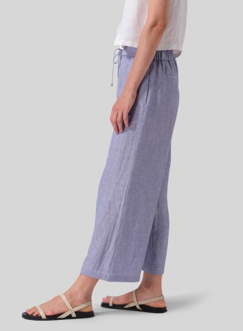 Light Denim Linen Drawstring Cropped Pants