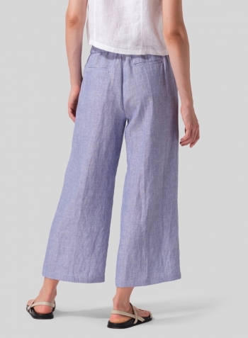 Light Denim Linen Drawstring Cropped Pants