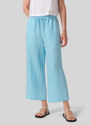 Aqua Blue Linen Drawstring Cropped Pants