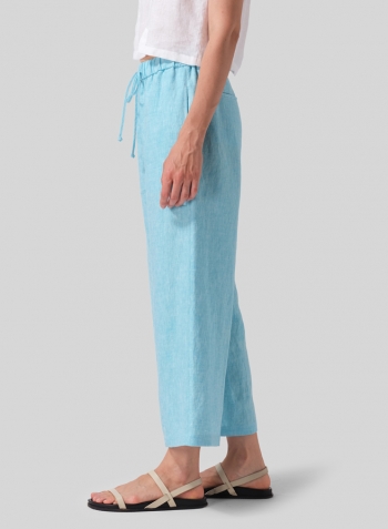 Aqua Blue Linen Drawstring Cropped Pants