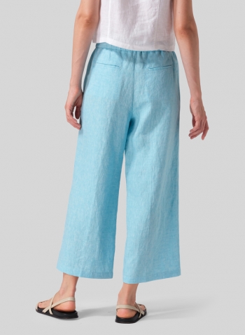Aqua Blue Linen Drawstring Cropped Pants