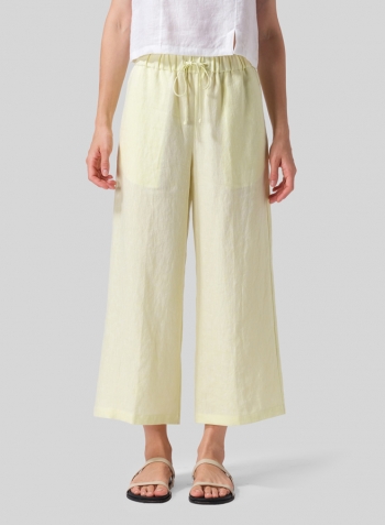 Mist Yellow Linen Drawstring Cropped Pants