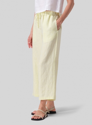 Mist Yellow Linen Drawstring Cropped Pants