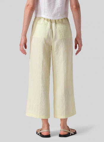 Mist Yellow Linen Drawstring Cropped Pants