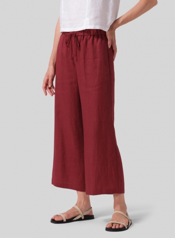 Burgundy Linen Drawstring Cropped Pants