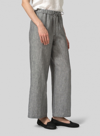 Two Tone Gray Linen Drawstring Long Pants