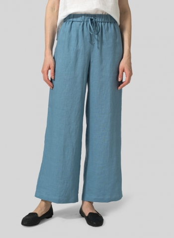 Pale Blue Linen Drawstring Long Pants