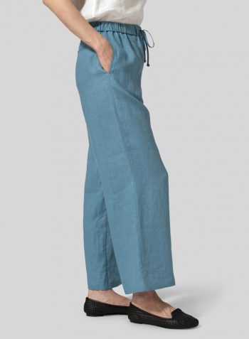 Pale Blue Linen Drawstring Long Pants