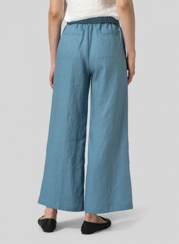 Pale Blue Linen Drawstring Long Pants