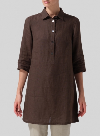 Dark Olive Brown Linen Straight Fit Shirt Collar Tunic