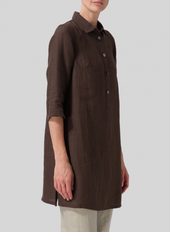 Dark Olive Brown Linen Straight Fit Shirt Collar Tunic