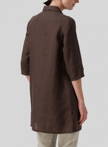 Dark Olive Brown Linen Straight Fit Shirt Collar Tunic