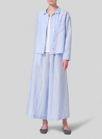 Light Sky Blue Linen Cropped Shirt Jacket with Pockets