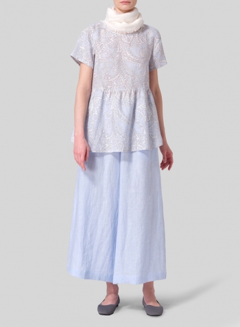Blue Paisley Waves Linen Short Sleeve Pleated Blouse