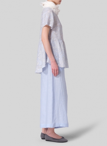 Blue Paisley Waves Linen Short Sleeve Pleated Blouse