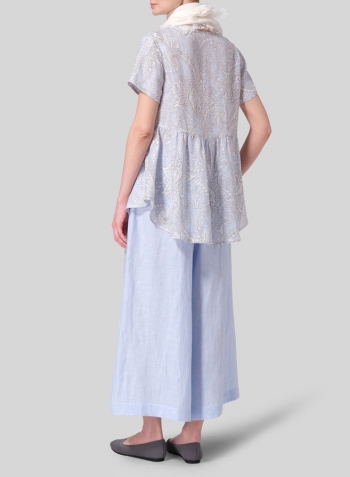 Blue Paisley Waves Linen Short Sleeve Pleated Blouse