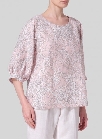 Pink Paisley Waves Linen Pleated Sleeve Top