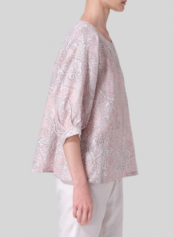 Pink Paisley Waves Linen Pleated Sleeve Top