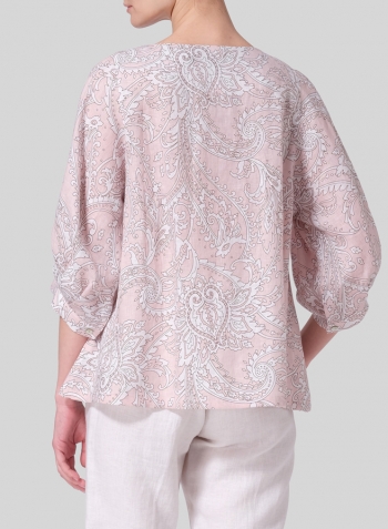 Pink Paisley Waves Linen Pleated Sleeve Top