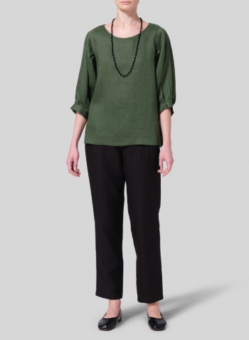 Grass Green Linen Pleated Sleeve Top