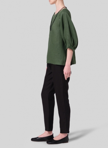 Grass Green Linen Pleated Sleeve Top