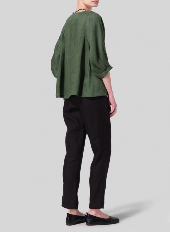 Grass Green Linen Pleated Sleeve Top