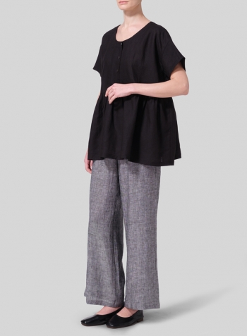 Black Linen Dropped Shoulder Round Neck Top