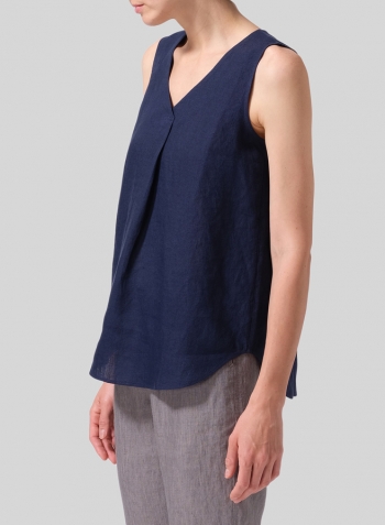 Midnight Blue Linen Pleated Cross Front Top