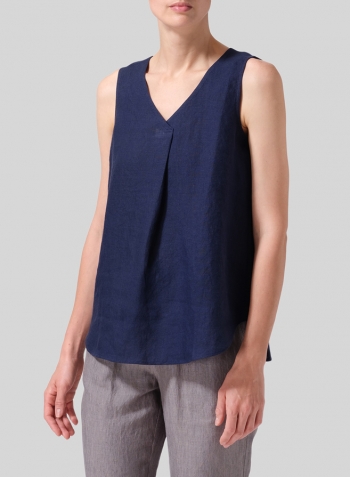 Midnight Blue Linen Pleated Cross Front Top