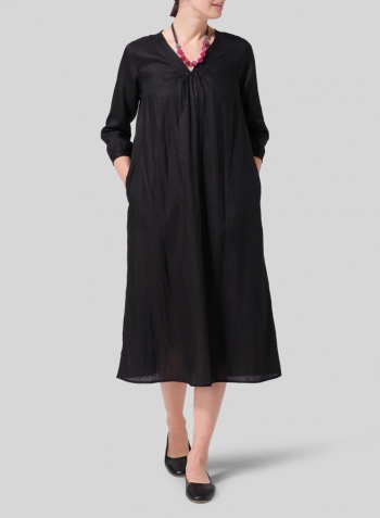 Black Linen A-line Embroidered Dress